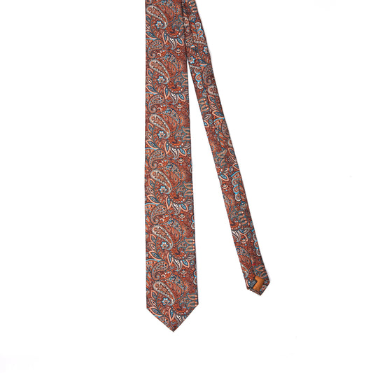 Cravată din mătase, design paisley, nuanțe de portocaliu și albastru