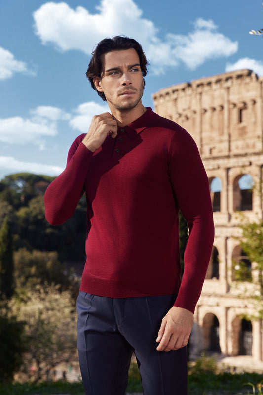Pulover Merino Burgundy Polo Buttons - Lorvento
