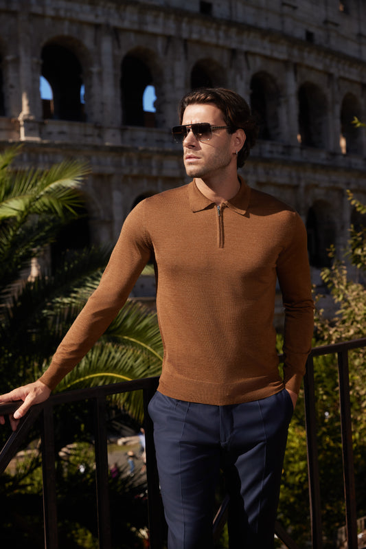 Pulover Merino Caramel Zip - SERRANO