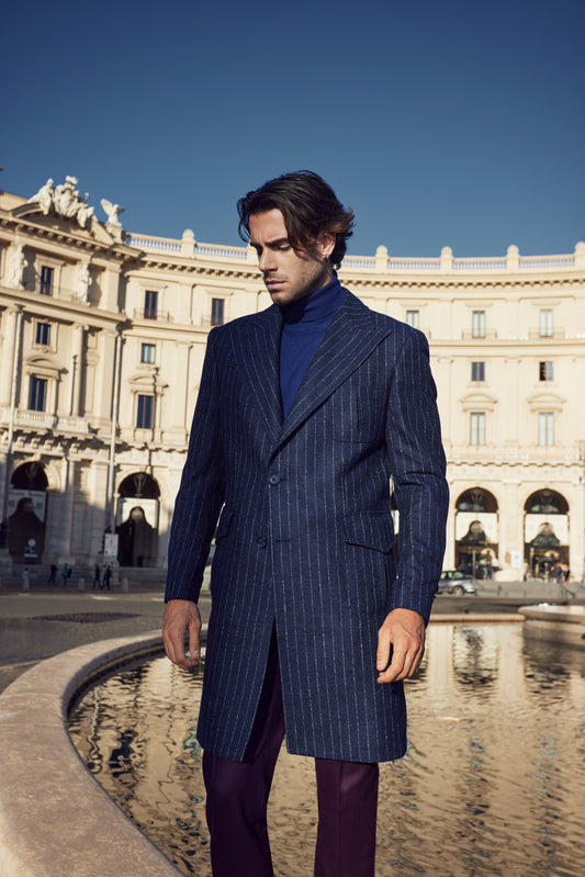 Palton Navy Pinstripe Wool Coat - CORVIANO