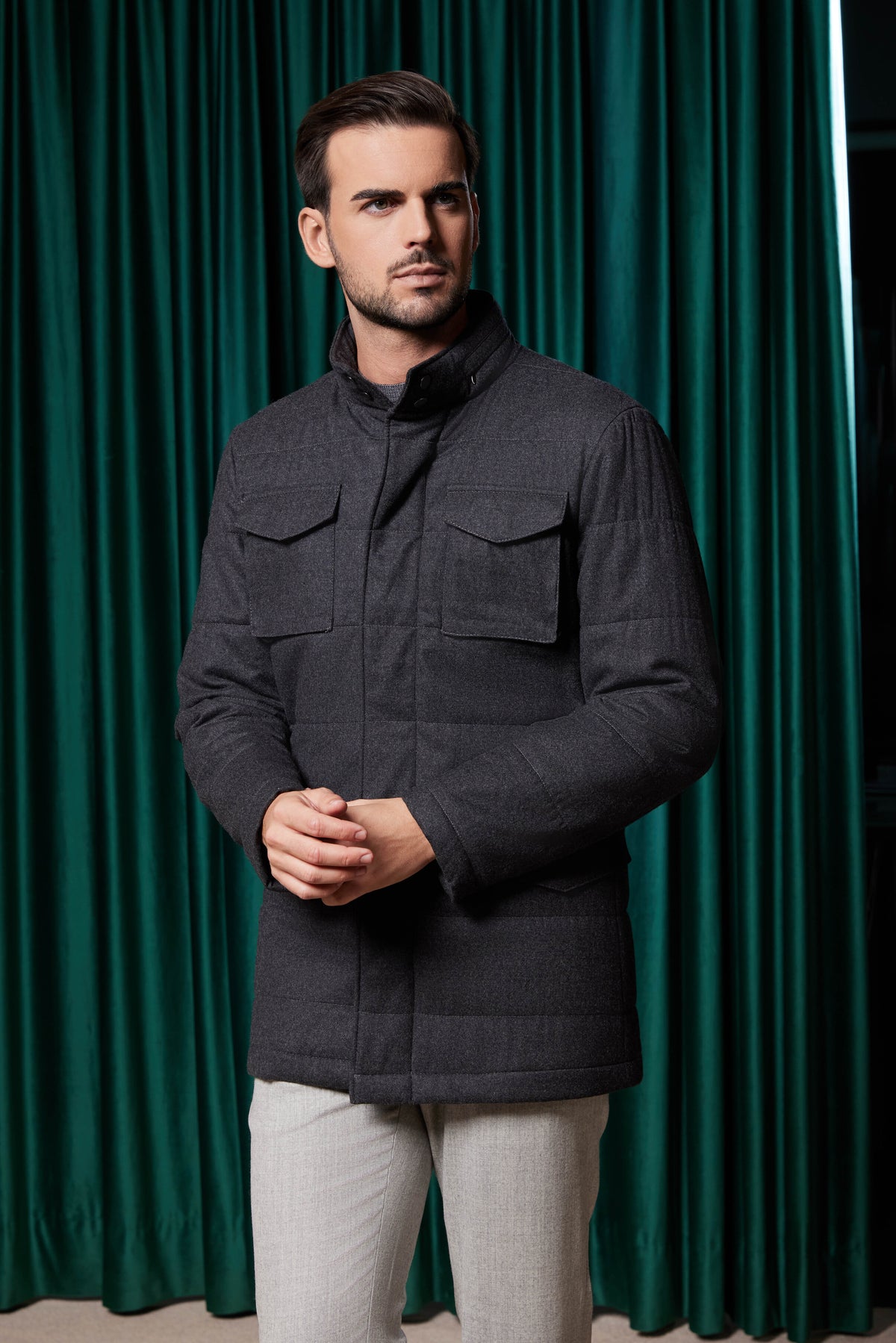 Drago Rugby Flannel Quilted Field Jacket in Charcoal