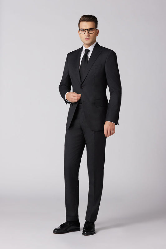 Costum business negru single breasted cu dungi fine - KENJI