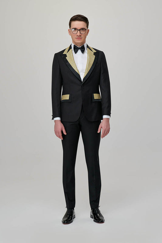 Costum ceremonie negru single breasted rever brodat GOLD  - ALEXANDER